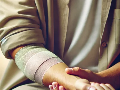 DALL·E 2024-11-18 23.13.52 - A detailed image of an arm injury, focusing on a bruised or wounded arm with a bandage or some visible signs of medical attention. The scene should co